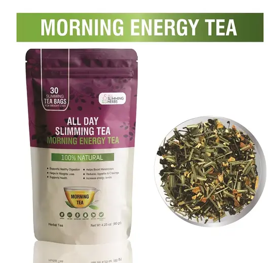All Day Slimming Tea supplement pouches: Morning Energy Tea and Evening Detox Tea herbal blends