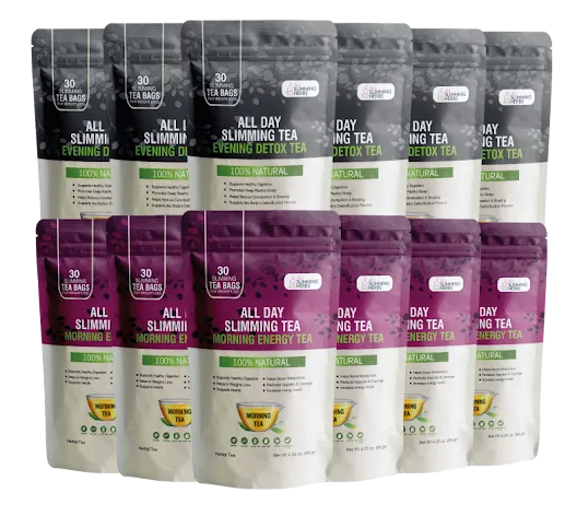 All Day Slimming Tea Morning Energy Tea pouch with 30 slimming tea bags and loose herbal blend